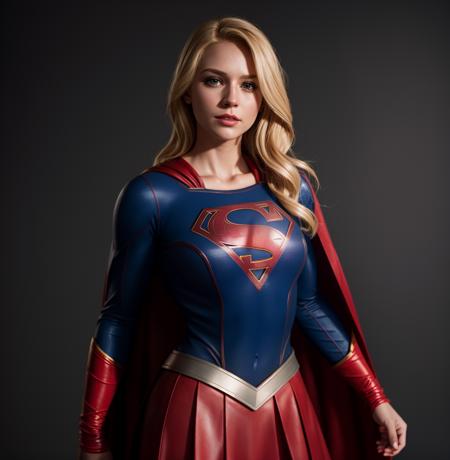 supergirl, hair blonde, skirt red, cape red, (Realistic),masterpiece,best quality,cinematic lighting,natural shadow,looking at viewer,Raw photo,8k,uhd,dslr,soft,lighting,high quality,film