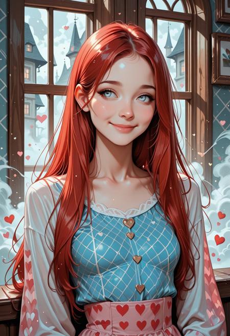 masterpiece, best quality, 32k, high resolution, absurdres, HD32k, 1girl solo, Joana free, Joana, long straight hair, light blue eyes, slim, red hair, small breasts, shy smile, peaceful,composed, depicted, pop_art, halftone_patterns, parted bangs, matt_skin, squares, splash_art, splattered_frame_border, dreamy_look, curious, joy, solo, serene expression, squares, fog, window, dreamlike, front_particles, fairytale_landscape hrtdrp, Hearts Drips,