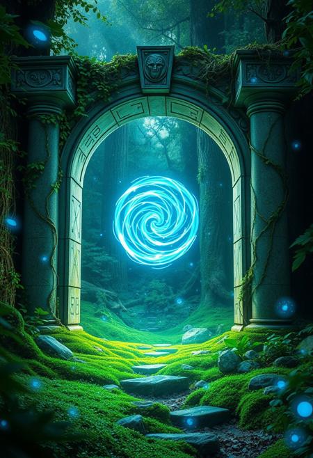 A mystical, ancient stone archway deep in a vibrant, lush forest, surrounded by thick greenery and vines wrapping around the weathered columns. The archway is glowing with a swirling magical portal of bright blue energy, emitting radiant light and glowing runes etched into its surface. The ground is overgrown with moss and plants, and faint magical particles float in the air. The environment is illuminated with soft blue light, creating an ethereal, enchanted atmosphere. The background shows dense foliage and tall trees, with shadows and highlights blending seamlessly for a magical forest aesthetic.