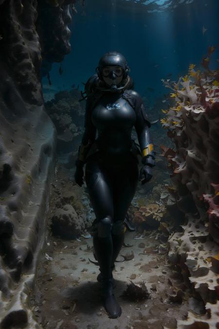 1girl, scuba diver, mask, helmet, huge breasts, swimming, full body, ocean floor, depths-fc, undersea, <lora:depths-fC_v1.0:0.9>