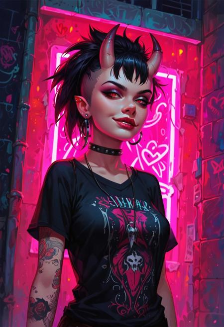 score_9, score_8_up, score_7_up, score_6_up, aesthetic ,  punk, demon, horns,  outdoors, alley, night, graffiti, t-shirt,  solo,  dutch angle,  g0thicPXL,  (big lips:0.6), (close up:1.2), portrait, medium breasts, smug, smirk, skinny, pov, leaning toward viewer, realistic