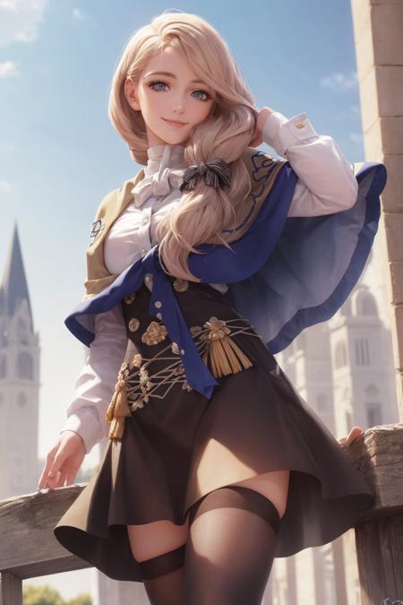 masterpiece, realistic, best quality, mercedes_student, yellow capelet, hair over shoulder, hair bow, white shirt, garreg mach monastery uniform, black skirt, thighhighs, close-up, blue sky, smile <lora:mercedes-nvwls-v3-000014:0.9>