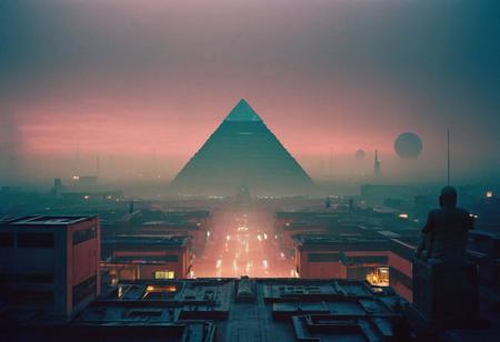 Ecumenopolis city scape, neon buildings sci-fi aesthetics, film photography style, a moody picture of Gas Giant alien landscape composed primarily of hydrogen and helium, with no solid surface and a thick atmosphere (with a pyramid with cornered tall statues in the background:1.2), cloudy weather, at dawn, dim lit, foggy, muted colors, hazy, vintage, analog style, Busy crowded city strret, City<lora:SDXL_FILM_PHOTOGRAPHY_STYLE_Alphav0.2:1>