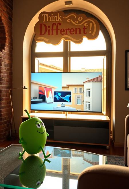 "In a stylish Italian apartment, a cartoonish green apple with playful eyes, simple arms, and legs sits on a sleek glass coffee table, watching a cutting-edge OLED TV mounted on the wall. The TV showcases a vibrant Apple computer commercial in stunning 4K, with futuristic product designs flashing across the screen. Sunlight pours in through a large arched window, casting a warm, golden glow over the room, with a view of a charming piazza and terracotta rooftops.
The green apple, with exaggerated, expressive eyes and a big smile, leans forward eagerly, its limbs wobbly and exaggerated like a fun cartoon character. Above the TV, a colorful, intricately designed cardboard sign reads 'Think Different!' in a quirky, Renaissance-meets-modern font. The sign is laser-cut, backlit by soft LED lights, giving it a glow that adds to the room's mix of history and technology.
The apartment blends classic Italian architecture with sleek tech. Exposed brick walls meet high-tech digital art frames that display rotating artwork. Smart lighting subtly shifts to match the atmosphere, while the soft hum of a voice-activated espresso machine fills the air with the scent of coffee. The green apple's glossy, cartoon-like body fits perfectly in this fusion of traditional Italian elegance and playful, futuristic style."