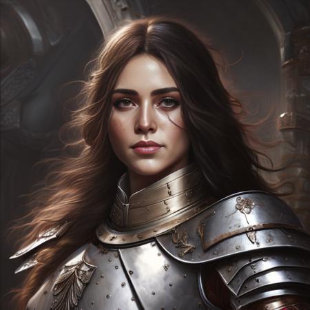 a close up of a woman in armor, female with black hairs templar, digital painting, character portrait, hyper realistic digital art, young woman, highly detailed soft lighting, wearing sleek armor, a painting, cushart, inspired by Eleanor Vere Boyle, Artstation