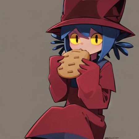 <lora:niko_1:1>, masterpiece, ((eating cookies)), best quality,  niko, yellow eyes, person, red hat, hat, red dress, blue hair, simple background,