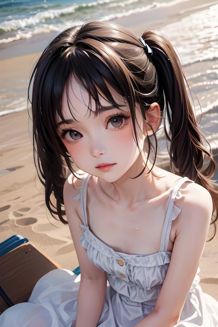 (bright sunshine, extremely detailed face:1.3), 1girl on beach, sea, wind, cloud, (wet, white_sundress, sleeveless), (best quality, masterpiece, 16k, raw photo, ultra high res:1.2), sharp focus, blurry background, close up