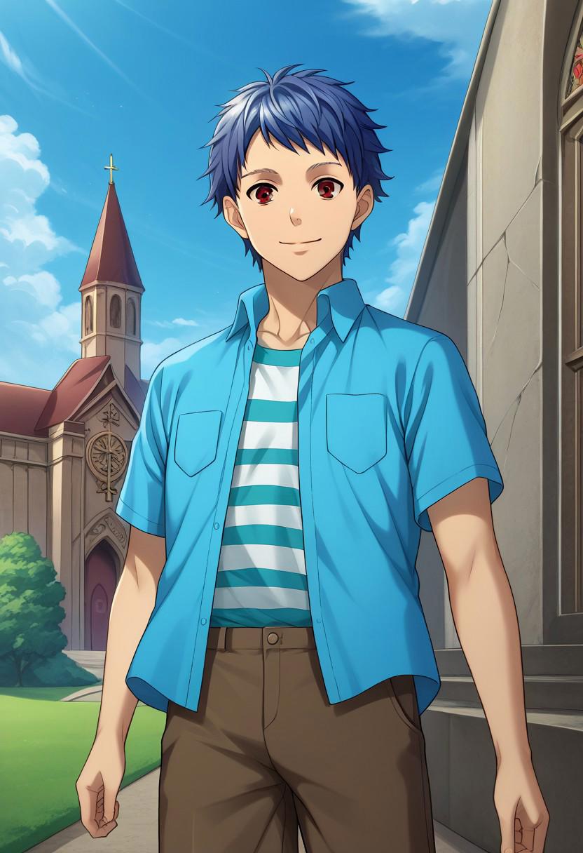 score_9, score_8_up, score_7_up, source_anime, highly detailed, 
Ichijou, 1boy, male focus, solo, blue hair, short hair, red eyes, shirt, blue shirt, short sleeves, open shirt, open clothes, striped, striped shirt, smile, brown pants, closed mouth
outdoor, sky, church, baroque church,