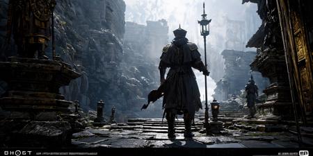 DMD,scene,Concept mapanimal, best quality, masterpiece, high resolution, high detail, full HD 16K, stone statue, weapon, holding, scenery, ruins, standing, from behind, holding weapon, pole arm, cloak, lantern, stick, armor, outdoor, cloak,