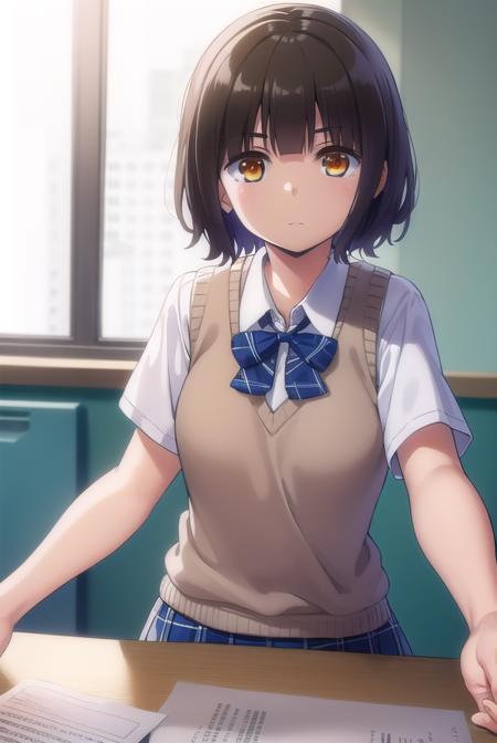 kanatahiga, <lora:kanata higa anime s1-lora-nochekaiser:1>,
kanata higa, short hair, bangs, brown hair, (brown eyes:1.3),
BREAK shirt, bow, school uniform, white shirt, short sleeves, bowtie, blue bow, sweater vest, plaid bow,
BREAK indoors, classroom,
BREAK looking at viewer,
BREAK <lyco:GoodHands-beta2:1>, (masterpiece:1.2), best quality, high resolution, unity 8k wallpaper, (illustration:0.8), (beautiful detailed eyes:1.6), extremely detailed face, perfect lighting, extremely detailed CG, (perfect hands, perfect anatomy),