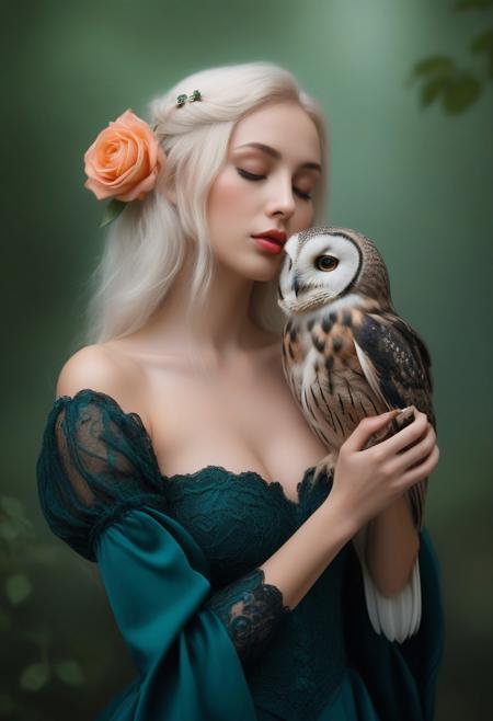 A close-up portrait photograph captures a beautiful young woman and a vibrant owl in an intimate moment. The woman, 
positioned on the right side of the image, 
wears a flowing, 
deep teal gown with puffy sleeves and intricate lace details along the edges of the shoulders and sleeves. Her long platinum blonde hair with a small green heart-shaped accessory. Her serene expression, 
with closed eyes, 
adds to the tranquil atmosphere as she holds a vivid red rose close to her lips. The owl, 
perched on a branch to the left, 
displays brilliant white feathers on its head and body, 
transitioning to peach-color on its tail, 
Its beak is open as it appears to be nibbling gently at the rose petals. The background is softly blurred, 
consisting of dark green hues suggesting a forest setting, 
which enhances the focus on the subjects. The lighting is soft and diffused, 
creating a dreamy, 
ethereal quality to the scene and highlighting the textures of the feathers and the delicate petals of the rose. The overall composition is balanced and intimate, 
with high contrast and saturation emphasizing the vivid colors of the owl and the rose, 
while the shallow depth of field keeps the main subjects in sharp focus against the dreamy, 
blurred background.by Galr Dfh