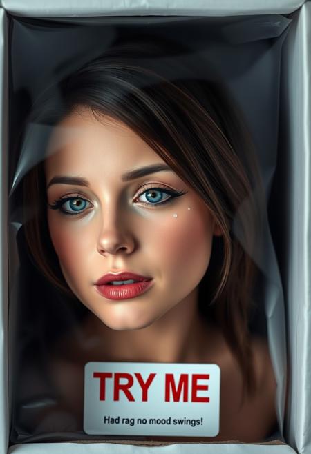 A real-life woman is trapped in a box pretending to be a toy with a "TRY ME" sticker on the front of the box. The woman had no mood swings, but a teardrop came out of her right eye.
