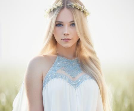 Portrait (detailed ((young woman, blonde long hair, blue eyes))), full body, white dress,  toned abs, by Olivier Ledroit, by Carne Griffiths, beeple,  artgerm, smooth, oil on canvas, pltn style, vector, softbox, TXAA, shimmering light, trending on artstation, pixiv polycount art, behance hd, lightwave, organic tracery, lace, sharp focus, ultra detail, 8K resolution