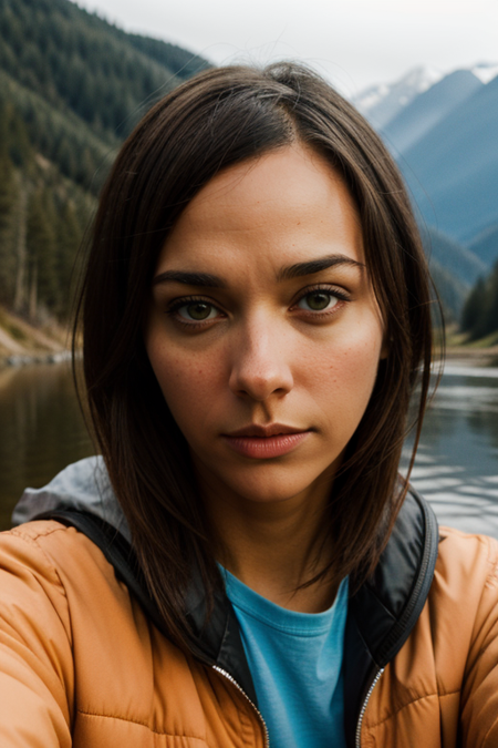 RashidaJones, ((selfie)) photo, serious look, outdoors, mountains, wearing a backpack, sweater, hiking jacket, rocks, river, wood, analog style, (look at viewer:1.2), (skin texture), close up, cinematic light, sidelighting, Fujiflim XT3, DSLR, 50mm