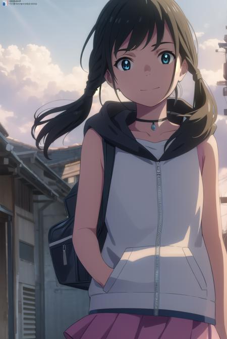 hinaamano, <lora:hina amano movie-lora-nochekaiser:1>,
hina amano, black hair, twintails, blue eyes, smile,
BREAK skirt, jacket, sleeveless, choker, hood, bag, hoodie, white jacket, backpack, hood down, hooded jacket, pink skirt, sleeveless jacket, sleeveless hoodie,
BREAK outdoors, sky, day, cloud, sunlight, cloudy sky, wind, light rays,
BREAK looking at viewer, (cowboy shot:1.5),
BREAK <lyco:GoodHands-beta2:1>, (masterpiece:1.2), best quality, high resolution, unity 8k wallpaper, (illustration:0.8), (beautiful detailed eyes:1.6), extremely detailed face, perfect lighting, extremely detailed CG, (perfect hands, perfect anatomy),