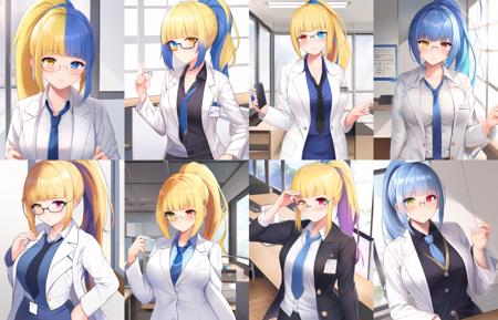 masterpiece, best quality, paisonchan, 1girl, solo, heterochromia, yellow eye, blue eye, multicolored hair, (split-color hair:1.4), blue hair, (blonde hair:0.80), blunt bangs, ponytail, glasses, labcoat, necktie, office lady, <lora:paisonchan (2):1>