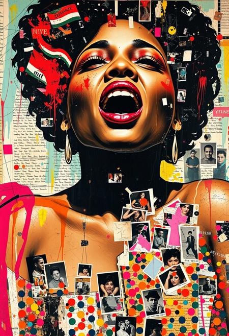 A boldly coloured mixed-media collage in the style of Jacques Prévert with an urgent sense of chaos and energy blending fragmented styles, layers and textures. 
A deconstructed vintage image of a 1920s Black American woman with extremely large breasts faking an orgasm 
Layered over this and partially obscuring the image are multiple fragmented and overlapping layers of chaotic thick paint, splatters, handwritten scrawled text messages, torn photographs and broken distorted pornographic images filling the canvas. Layers of repetition of brightly coloured dots in Yayoi Kusama style.