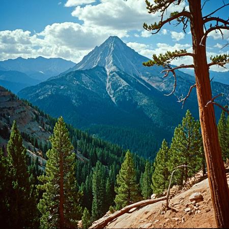 UHD, 4k, ultra detailed, cinematic, a photograph of  <lora:kodachrome xl v1:0.9>
In 1950's a cinematic Kodachrome Technicolor motion picture of a mountain with a dark sky in the background, perfect image, perfect body, perfect anatomy, sharp image, detailed image, Kodak film style, high quality photography, Kodachrome style, Technicolor style, 1950's style, Technicolor Monopack style, 16mm, 8mm, Super 8 movie, 35mm movie style, film color style, cinematic photography style, analog photography style, cinematic film color style, deep color style, different character, different background, different picture, Eastman Kodak style, K-14 process style, Color slide style, film skin tone style, different color, outdoors, sky, day, blue sky, tree, no humans, traditional media, scenery, nature, forest, mountain, painting (medium), landscape, cliff, Kodachrome color style, epic, beautiful lighting, inpsiring