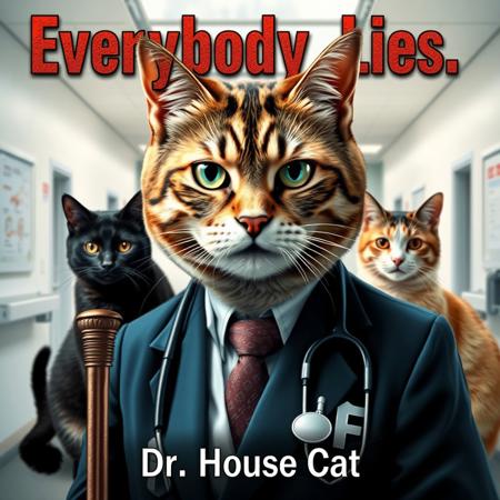 Create an image titled 'Everybody Lies' house font type, featuring Dr. Gregory House from House, M.D. reimagined with a cat body. upset face, unshaven beard His signature cane. on a hospital. with a doctor black cat, a doctor calico cat and a doctor blonde cat.  At the bottom of the image, include the title 'Dr. House Cat' in a house fonttype