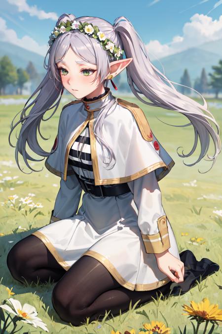 masterpiece, best quality, absurdres, perfect anatomy, FrierenBase, twintails, earrings, white capelet, striped shirt, white skirt, long sleeves, belt, black pantyhose, head wreath, flower wreath, blush, seiza, outdoors, grass, flower field, <lora:Frieren:1>