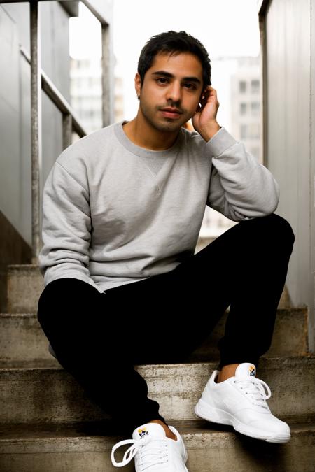 SatyaBhabha, large format photo of a man sitting on the stairs, anxious facial expression, gray crewneck sweatshirt, jogger sweatpants and slip-on sneakers, upper body, under bounced lighting, from below, shot on a Kodak Brownie <lora:SatyaBhabhaLora:1>