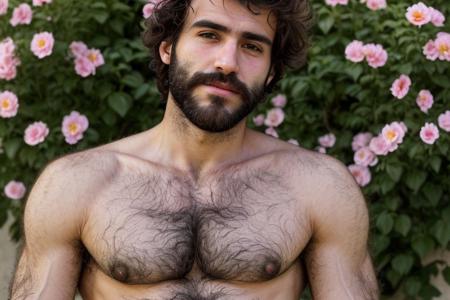 A close-up photo of a handsome hairy chested fit italian man, flowers, looking the viewer