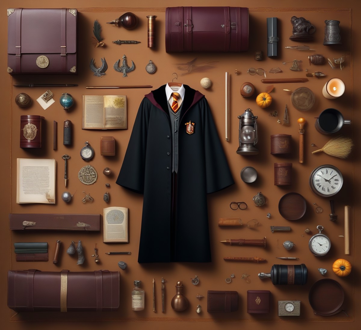 knolling, Things and Objects, Harry Potter., lots of details and additions, assembled character in the center of the image