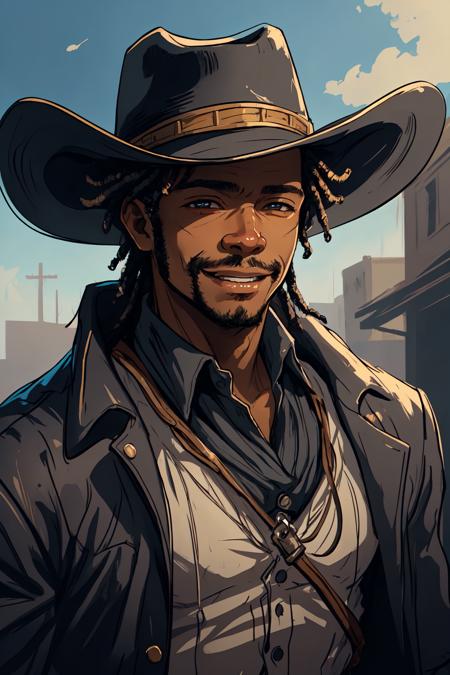 <lora:w3st:0.8>  w3st black man, close up portrait, focus, cowboy hat, smiling