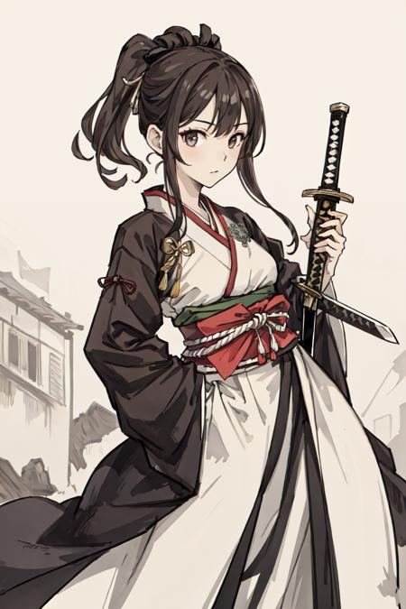 ((best quality, high_resolution, distinct_image)), girl,hanbok,holding sword,detailed background