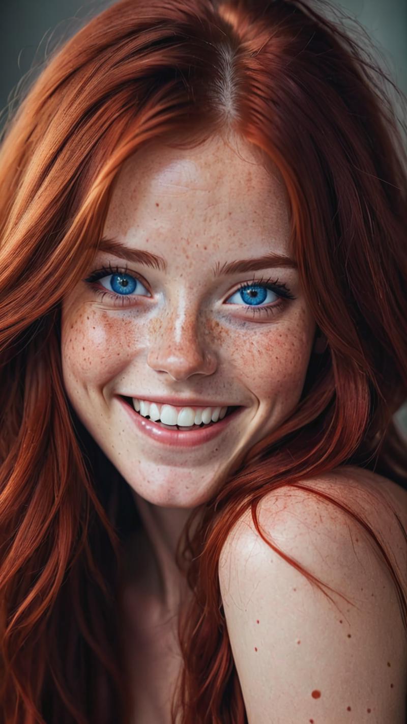 A Smiling Woman with Red Hair and Blue Eyes.