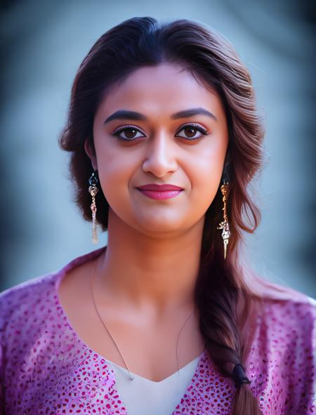 KeerthySuresh, art by Paul Barson, photograph, Epic (Woman:1.1) , wearing 16-Bit Masai Silver Topcoat, Bald 1600'S hair, background is Shimmering Home, Bokeh, Trillwave, film grain, Canon eos 5d mark 4, Depth of field 100mm, four colors, contest winner,  <lora:KeerthySureshSD1.5:1>