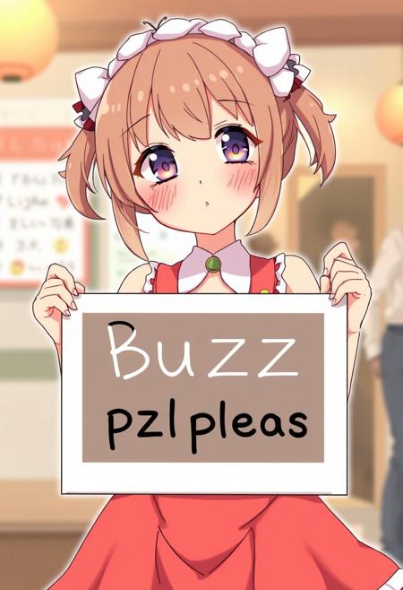 A cute anime girl with large breasts wearing a dress holding a sign saying "Buzz please.""
