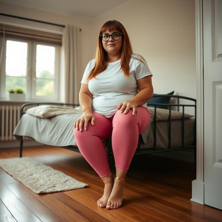 A full body shot of a chubby adult Scottish woman with long straight bangs, glasses, a white t-shirt, and pink textured leggings. She is barefoot wearingmetal cuffs on ankles sitting  the side of a daybed in a bedroom with hardwood floors. Warm lighting,
