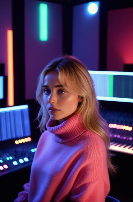 A photorealistic image of sbrn crpntr woman, wearing a warm turtleneck sweater, in a recording studio, captured during the evening, surrounded by instruments and sound equipment, with neon lighting effects, reflecting passion and creativity, in a futuristic setting, dramatic, highly detailed, analog film grain, bokeh