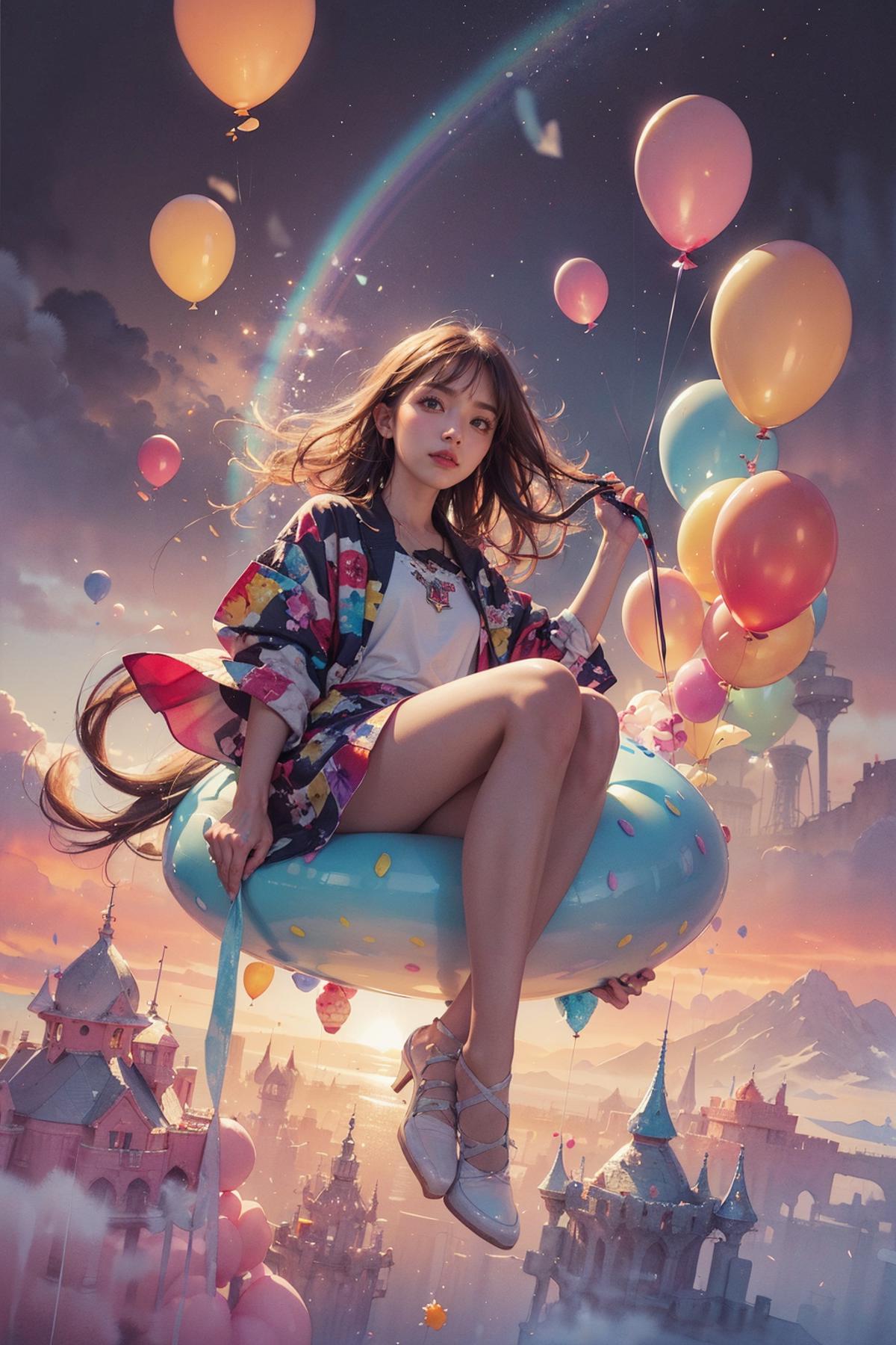 A woman sitting in a giant donut surrounded by balloons.