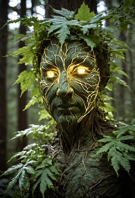 macro shot of a glowing forest spirit, leafy appendages outlined with veins of light, eyes a deep, enigmatic glow amidst the foliage.