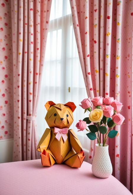 8k, score_9, score_8_up, score_7_up,Jed-StickyN,
masterpiece,realistic,ultra detailed, vibrant colors,photo-realistic,
Origami teddy bear, colorful origami,
Floral wallpaper, pink curtains,
A girl's room made of origami, with a rose vase, heart patterns, floral patterns, check patterns, and argyle patterns