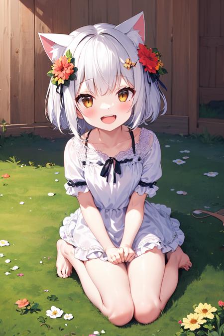 1girl, solo, solo focus, cat ears, barefoot, knees up, dress, sitting, short sleeves, looking at viewer, grass, short hair, smile, white hair, puffy sleeves, outdoors, puffy short sleeves, bangs, on ground, full body, animal, sunlight, brown eyes, dappled sunlight, day, open mouth, (flower, hair flower), w, wariza, white dress,