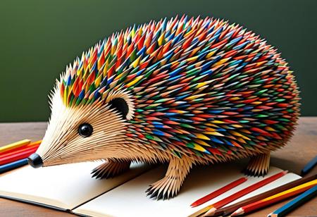 "A whimsical hedgehog sculpted entirely from wooden pencils, with its quills replaced by sharpened, multicolored pencils in shades of red, blue, yellow, and green. The hedgehog's body is formed from intricately arranged wood and graphite, seamlessly blending organic and artistic elements. Its small eyes are glossy black beads, and its tiny snout is carved from smooth, polished graphite. The pencils fan out naturally, mimicking the way a hedgehog’s quills stand up when alert. The scene is set on a cozy artist’s desk, surrounded by scattered sketchbooks, erasers, and shavings from freshly sharpened pencils. The art style is hyper-realistic with a slight touch of fantasy, featuring soft, natural lighting that enhances the warm tones of the wood and the vibrancy of the colored pencil quills. A close-up perspective captures the intricate textures, from the fine grain of the wood to the delicate graphite tips. Pencil_morph_style