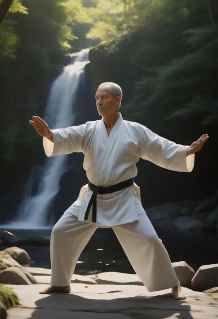 a man 50 year old zen caucasien practicing tai chi, wearing a judogi, sunny exterior, forest and waterfall background,16k, masterpiece, highly detailed photo-realistic oil painting by Greg Rutowski, cinematic lighting