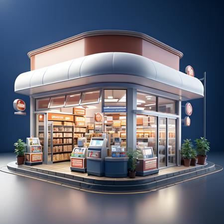 best quality,(masterpiece:1.1),Convenience Store ,isometric view,high resolution,<lora:isometric view6:0.7>,detailed details,simple background,