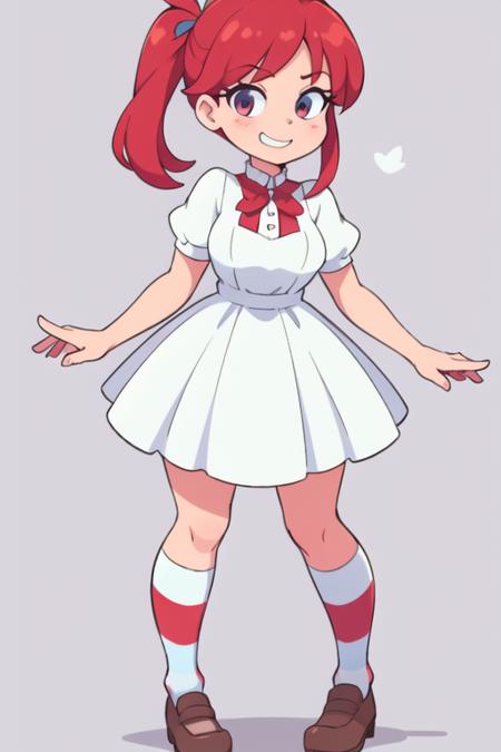 1girl,  <lora:WendyW:0.7>,  wendyw, striped socks, white and blue dress, red hair