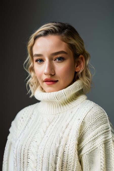 <lora:jul14g4rn3r:1>, Realistic photo of a beautiful jul14g4rn3r woman,  1girl, solo, looking at viewer, short hair, blue eyes, blonde hair, upper body, parted lips, teeth, sweater, lips, turtleneck, turtleneck sweater, realistic, red lips, white sweater, cable knit, aran sweater, soft lighting, professional Photography, Photorealistic, detailed, RAW, analog, sharp focus, 8k, HD, DSLR, high quality, Fujifilm XT3, film grain, award winning, masterpiece