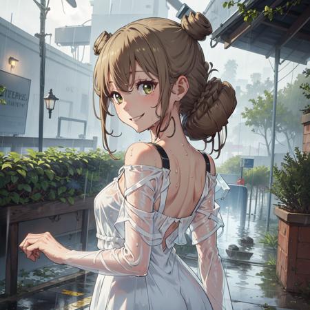 low double bun, double bun,low twintails,  white dress,see-through,