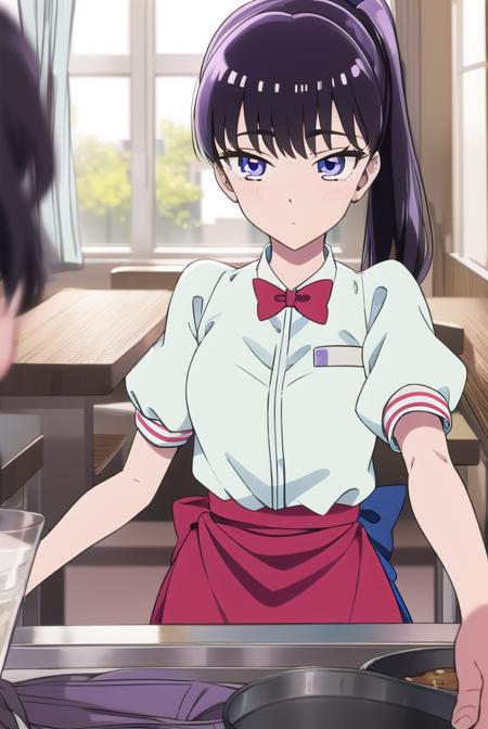 akiratachibana, <lora:akiratachibana-lora-nochekaiser:1>,
akira tachibana, long hair, bangs, black hair, (purple eyes:1.1),
BREAK skirt, shirt, bow, ponytail, short sleeves, puffy sleeves, bowtie, uniform, apron, red bow, blue shirt, waist apron, waitress, employee uniform,
BREAK looking at viewer,
BREAK indoors, classroom,
BREAK <lora:GoodHands-vanilla:1>, (masterpiece:1.2), best quality, high resolution, unity 8k wallpaper, (illustration:0.8), (beautiful detailed eyes:1.6), extremely detailed face, perfect lighting, extremely detailed CG, (perfect hands, perfect anatomy),