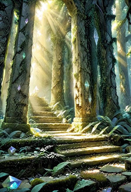 Style-Eleven, artistic, scenery, stairs, sunlight, nature, tree, light rays, crystal, forest, outdoors, plant, ruins, moss  <lora:XL-drawing-styles-civitai:1>