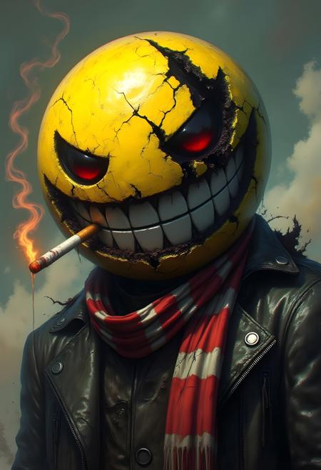 n1t3_du5t, The image is a highly detailed, digital artwork depicting a menacing, stylized, cracked yellow smiley face with an exaggerated, unsettling grin. The smiley face has a cracked, weathered surface with visible fissures and a torn, ragged edge on the right side. The eyes are completely closed except for a small slit, giving it an ominous appearance. The face is wearing a torn, ragged black jacket with a red and white striped scarf draped over its shoulders, hinting at a punk or rebellious theme. A cigarette hangs from its mouth, emitting a puff of smoke that drifts lazily upwards, with the tip glowing orange.