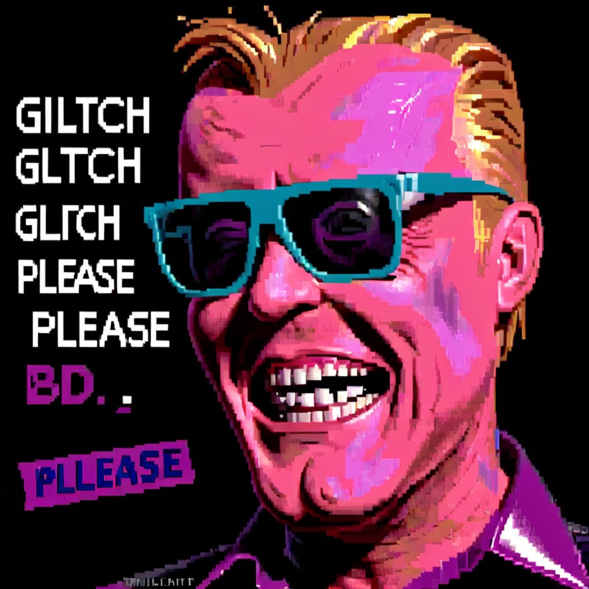 MSPaint portrait of max-headroom wearing sunglasses,  laughing, ansiart, teletext page, ("GLITCH, PLEASE" text logo:1.15),...