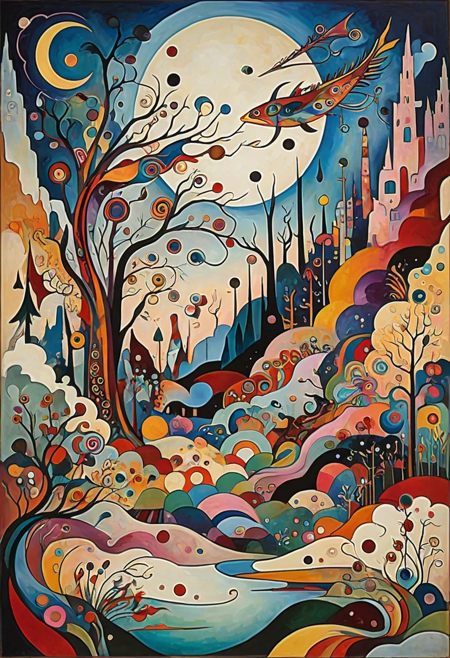 whimsical, abstract composition featuring bold brush strokes and vivid colors, depicting mythical creatures in a fantastical landscape, with layers of intricate detail and dreamlike patterns, art by Wassily Kandinsky