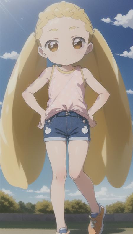 (little girl), (masterpiece), highest quality, ((high detail:1.2)), (HDR), cel anime, (cinematic light:1.1), highres, hana makihatayama, 1girl, (full body), blonde hair, long hair, twintails, hair intakes, brown eyes, dot nose, (hanacasual:1.5), (blue shorts with pink heart print), (sleeveless white shirt), (orange shoes), blue sky, park, <lora:hana_makihatayama:0.8>